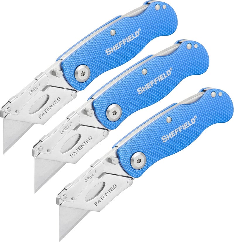 Sheffield 12514 Folding Utility Knife 3 Pack,Stocking Stuffers, Gifts for Men, Dad Gifts, Quick Change Utility Knife Blades, Compact Aluminum Handle, Box Cutter, Razor Blades Included - Image 1